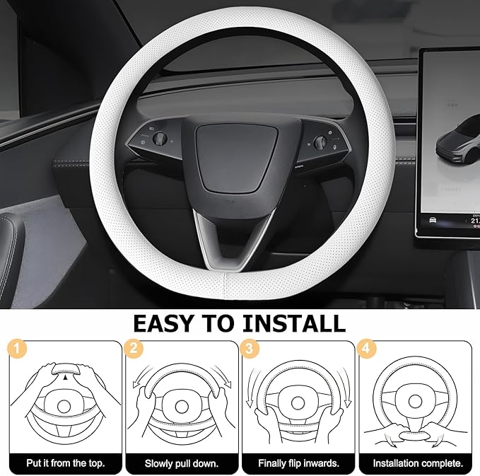 Microfiber Leather Universal 14.5-15 inch Steering Wheel Cover,Easy to Install Non-Slip Breathable Steering Wheel Protector White