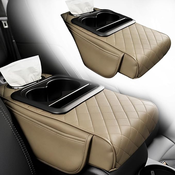 Multifunctional Pu Leather Car Armrest Box Mat, 5-In-1Multifunctional Car Armrest Cushion, Car Arm Rest Cover Pad, Center Console Organizer with Cup Holder, Tissue Box & Phone Slot (Beige)