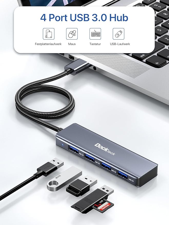 USB Hub, Dockteck 4-Port USB 3.0 Splitter, Aluminum 2ft USB Extender Compatible with MacBook,XPS, Surface Pro,Mac mini/Pro, iMac, Mouse, Keyboard, Flash Drive, HDD,Camera, and More