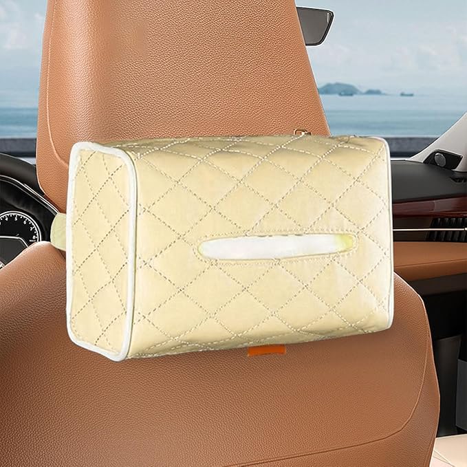 Car Tissue Holder, Soft PU Leather Auto Backseat Napkin Holder, Rectangle Hanging Tissue Box for 100-150 Standard Tissues, Universal Car Interior Storage & Organization Accessories (Beige)