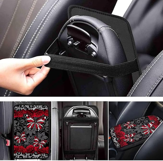 Butterfly Rose Print Center Console Armrest Pad for Cars Dust-Proof Anti-Slip Armrest Seat Storage Box Mat for Car Interior Decor, Easy to Install