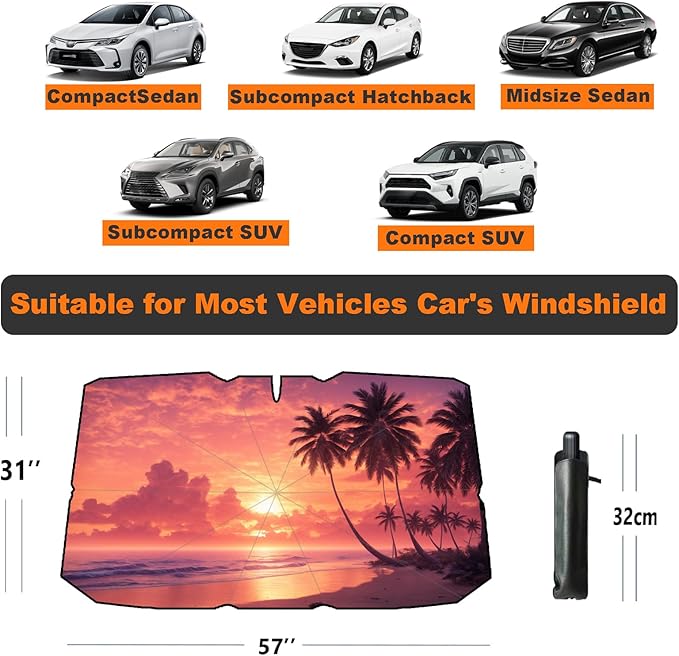 Windshield Sun Shade Umbrella for Car Front Window Sun Visor for Windshield Car Summer Accessories Protect Interior from UV Rays & Heat for Sedan, Compact SUV, Hatchbacks 57"*31"