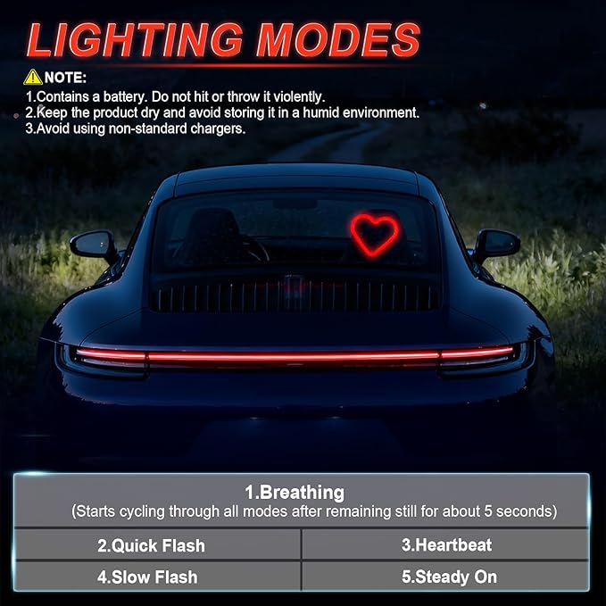 iFunyLED Car LED Interior Lights, Heart-Shaped Ambient Light for Windows, 5 Lighting Modes, Charging Through Type-c and Solar Energy, Car Decorations for Women Men, Pack of 2, (Red)