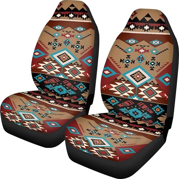 ELEQIN Car Seat Covers Two Front Only for Car, Brown Aztec Geometric Automotive Interior Covers, Quick Setup Universal Fit Seat Covers for Car, Truck, SUV