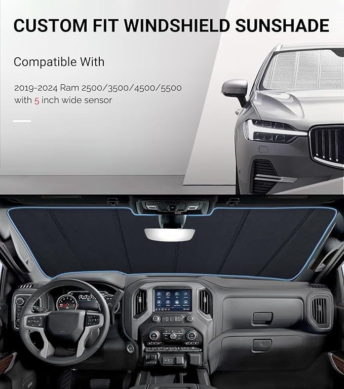 Windshield Sun Shade for Ram 2500/3500 2019-2025 with 5 Inch Wide Sensor. Full Coverage Rearview Mirror Shade for Ultimate Protection