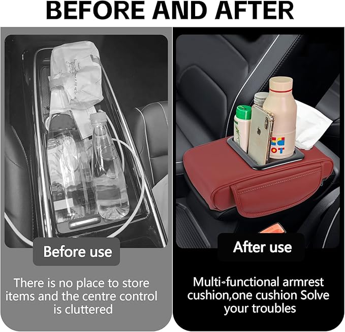 wuyaoyao Car Center Console Cover, 13.39"×8.27"×3.15" Leather Car Armrest Cover with Pocket & Tissue Box & Cup Holder, Multifunctional Auto Armrest Cushion Pad, Universal Car Accessories (Wine Red)