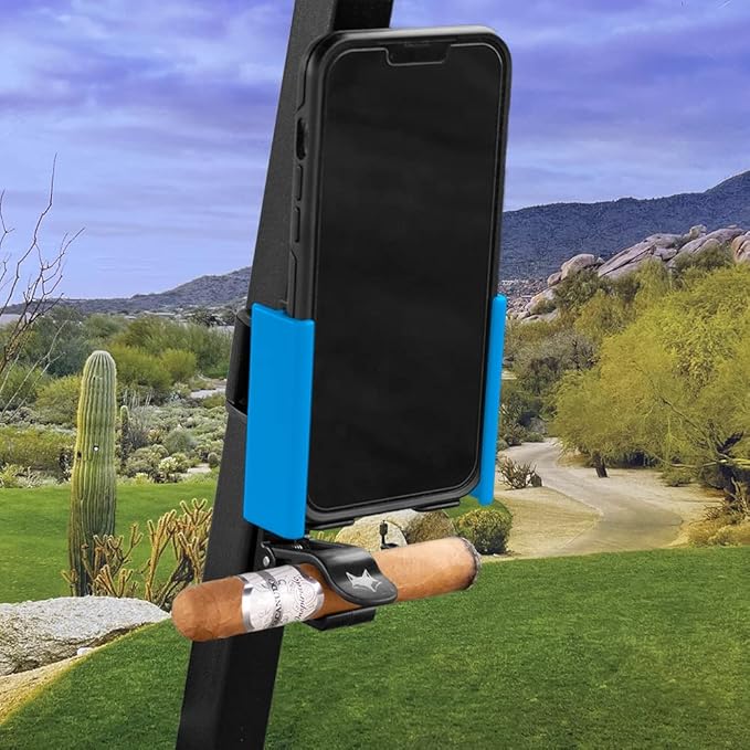 Desert Fox Golf Phone Caddy + Cigar Holder – Adjustable Golf Cart Phone Mount with Secure Cigar Clip – Hands-Free GPS & Golf App Access – Fits All Phones & Cigars (Blue)