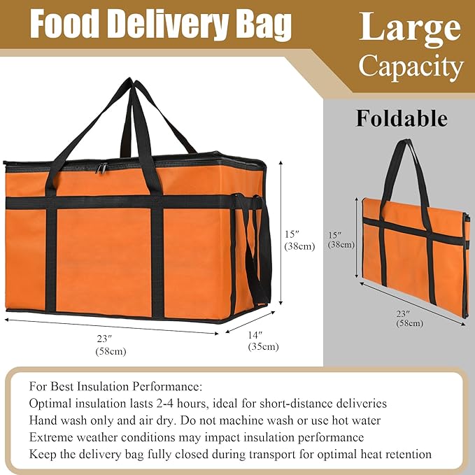 PEASUG Insulated Bags for Food Delivery, XXXL Pizza Delivery Bags, Large Capacity Cooler Bag Keep Food Warm for Grocery Shopping and Catering, Foldable, Heavy-Duty (Orange)