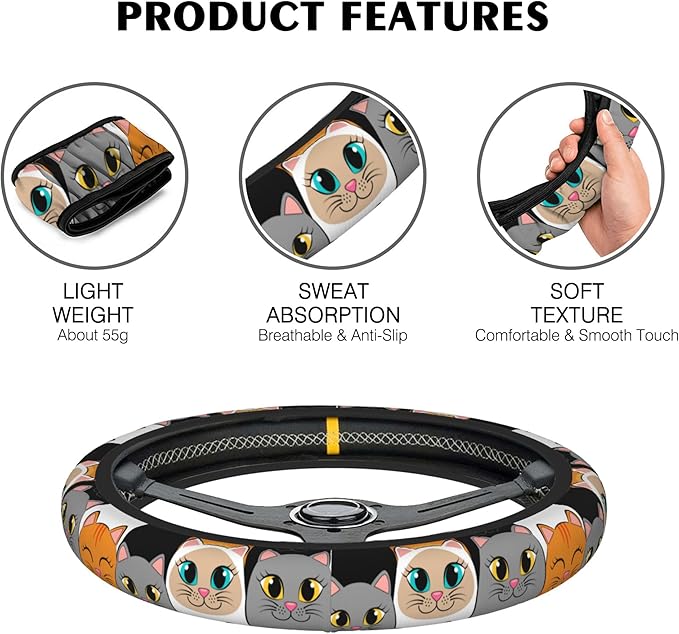 Cartoon Lovely Cats Steering Wheel Covers Universal 15 Inch Car Wheel Cover,Anti-Slip Breathable Car Accessories Protector Fit for Trucks,Sedans,SUVs,Vans