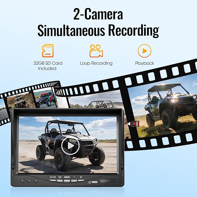 7" 2-Wired Backup Camera System, DVR Dual Screen Rear View Camera, IP69 Waterproof IR Night Vision, 20G Vibration-Proof for Trailer/RV/Tractor/Truck/Combine/Skid Steer/Heavy Equipment/UTV, Y1