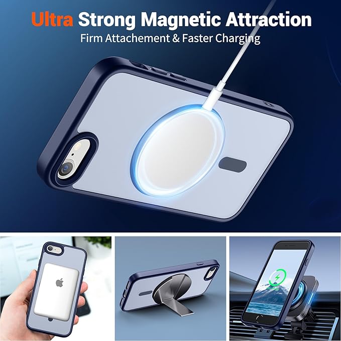 SUPFINE Magnetic for iPhone SE Case 2022 (3rd)/2020 (2nd), iPhone 8 Case (Compatible with MagSafe) (Military Grade Drop Protection) Slim Translucent Matte Phone Case,Navy Blue