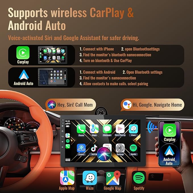 Haudio 10.1 Inch Single Din Car Stereo, Rotatable Touch Screen, Wireless CarPlay & Android Auto, Android 13 Car Radio with Bluetooth GPS Backup Camera