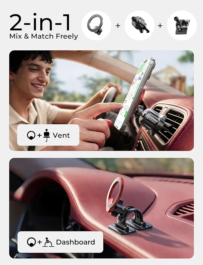LISEN for MagSafe Car Mount [2026 Strong Magnets] Magnetic Phone Holder for Your Car [Vent&Dash] Magnet Cell Phone Holder Mount Cradle Car Accessories Kits for Men Women Red