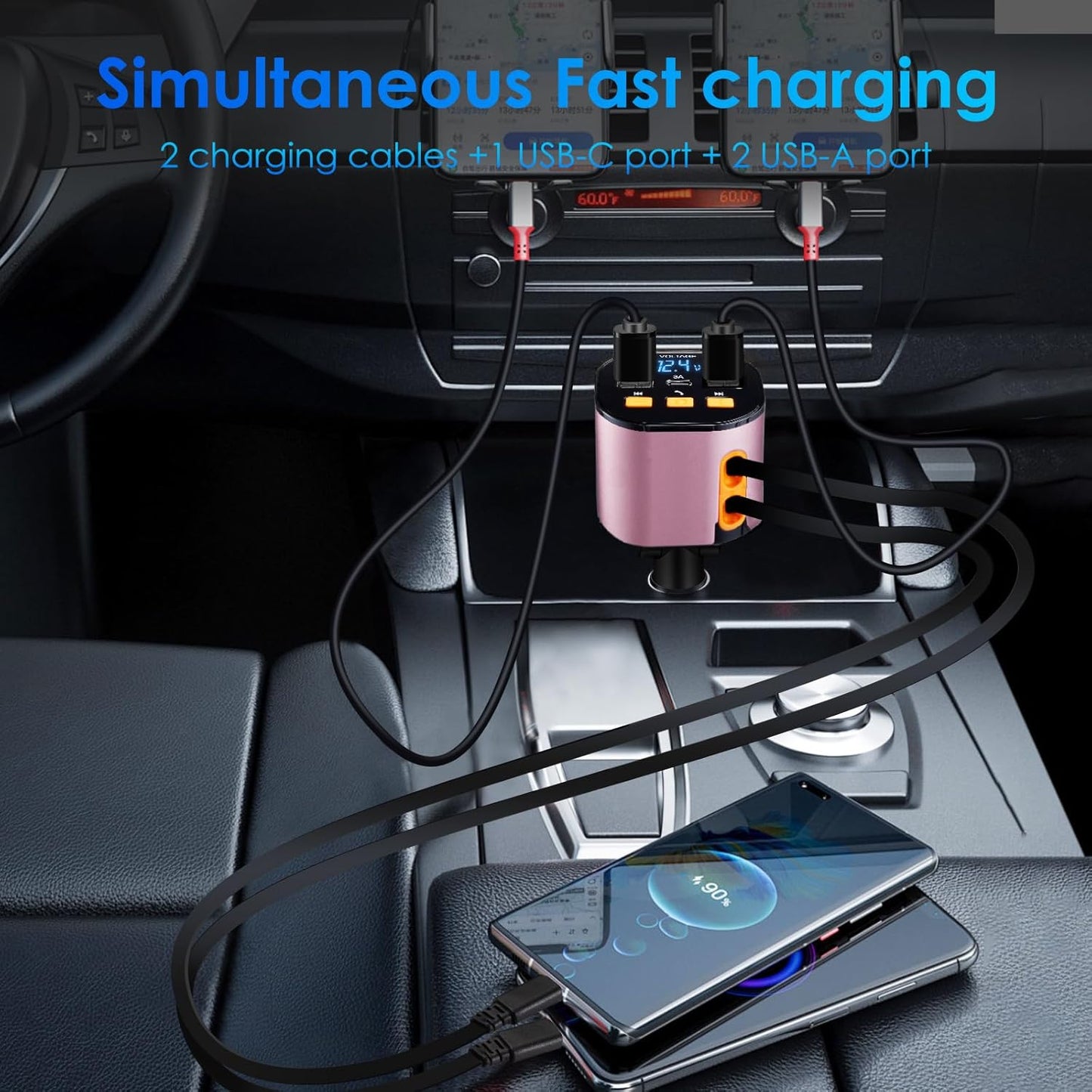 Retractable Car Charger,5 in 1 Fast Car Phone Charger 90W,Bluetooth 5.3 FM Transmitter Adapter,Handsfree Call,2 Retractable Cables and USB Cars Chargers for iPhone 15/14/13 (Pink)