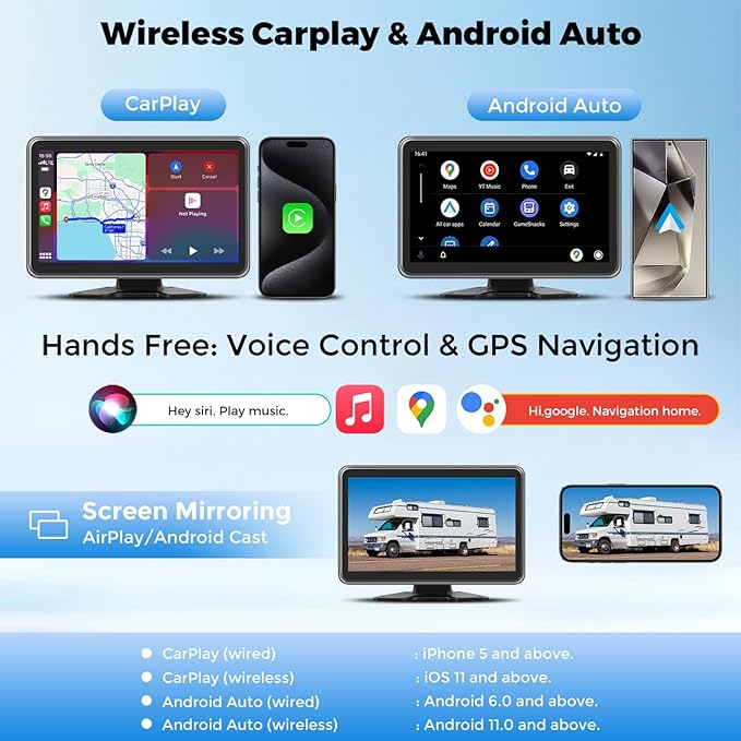 Truck RV Camera System with CarPlay & Android Auto,10'' Touch Screen Monitor with Recording & Voice Control & Navigation, 2 HD1080P Wired Rearview Backup Camera for Semi Trucks, RVs, Trailers
