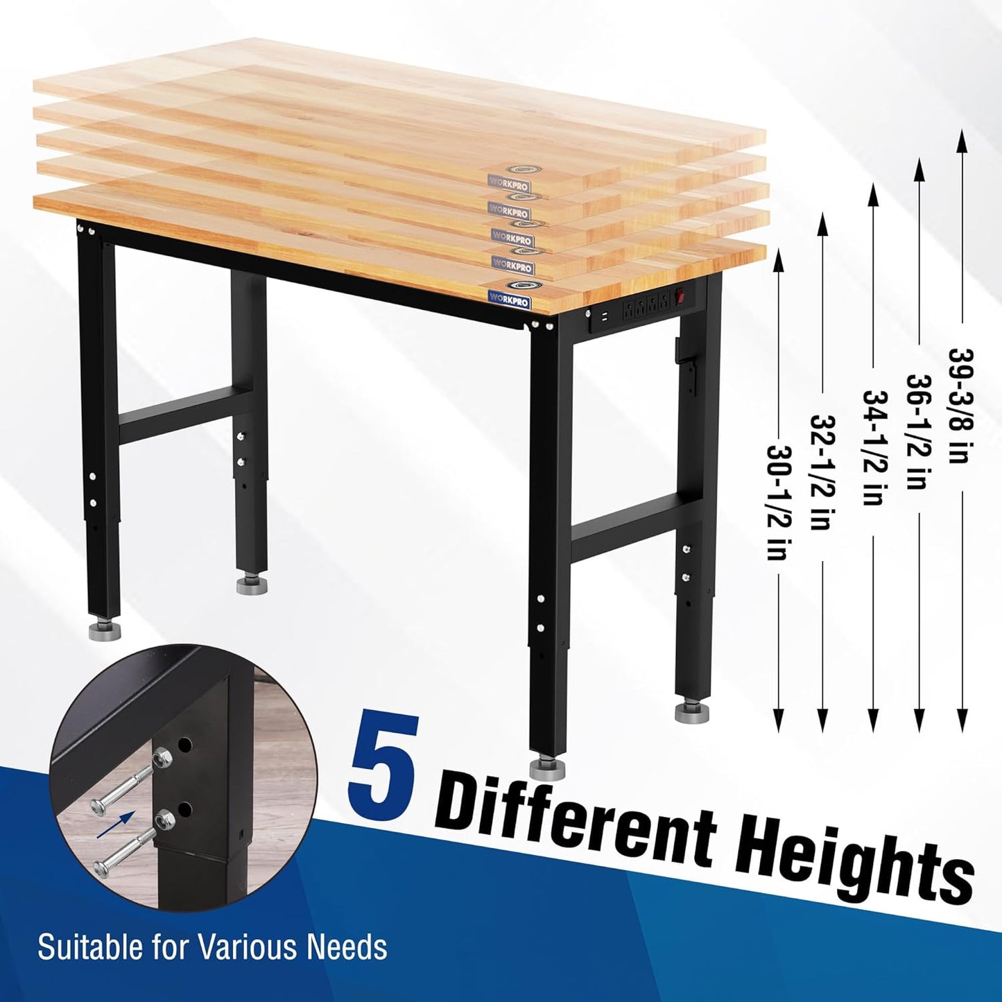 WORKPRO Adjustable Garage Workbench, 48"x22" Rubber Wood Top Heavy-Duty Work Desk with Power Outlets, Leveling Foot, 5 Heights, 1500 LBS Load Capacity Work Benches for Garage, Workshop