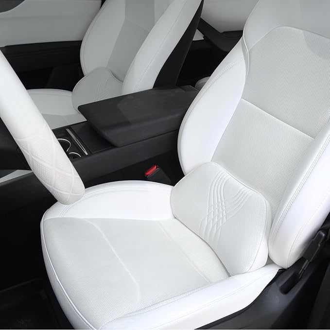 Lumbar Support Pillow for Car Seat, Office Chair Nappa Leather Memory Foam Lower Back Cushion for Back Pain Relief Improve Posture, Ergonomic Back Rest for Gaming Chair, White, 1PC