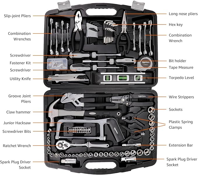 Amazon Basics 173-Piece General Household Hand Tool Set with Storage Case, Portable Tool Kit for Home Maintenance and Everyday Repairs