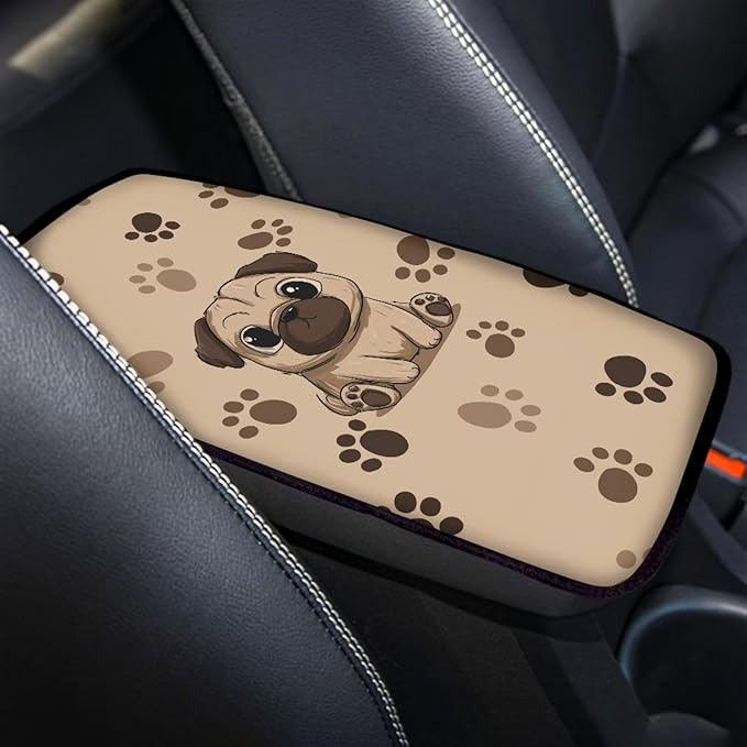 Cute Pug Car Center Console Cushion Pad for Women Dog Print Automotive Armrest Seat Box Cover Universal Fit Most Vehicles Sedan Van Truck SUVs