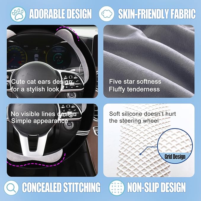 14 inch Furry Cute D Shaped Steering Wheel Cover, Soft Fluffy Short Plush Auto Accessories, Non-Slip Cold-Proof Sweat-Proof Colorfast(Black with Gray)