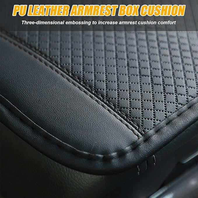 Car Armrest Seat Box Cover, Comfortable Leather Automotive Center Console Cushion Pad, Soft Waterproof Vehicle Arm Rest Protector Mat Accessories, Universal for RV, SUV, Truck (Black)