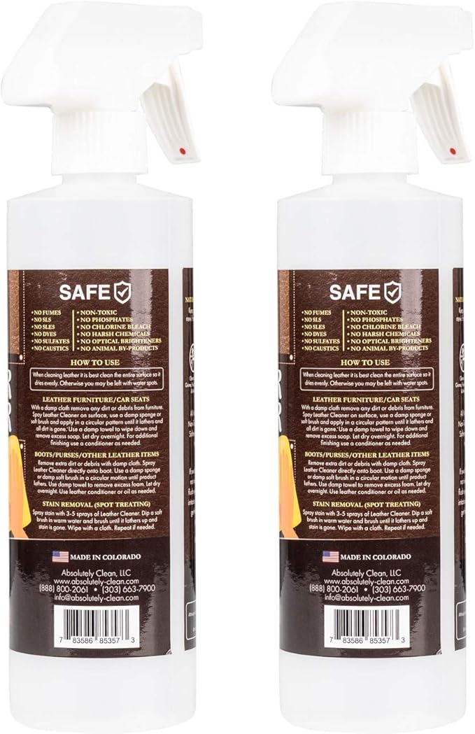 Amazing Leather Cleaner/Conditioner/Deodorizer | Powerful, Natural Enzyme Cleaner | USA Made | Great for Leather & Vinyl, Furniture, Boots, Purses, Clothing | Removes Stains Spray & Wipe (16oz 2 PK)