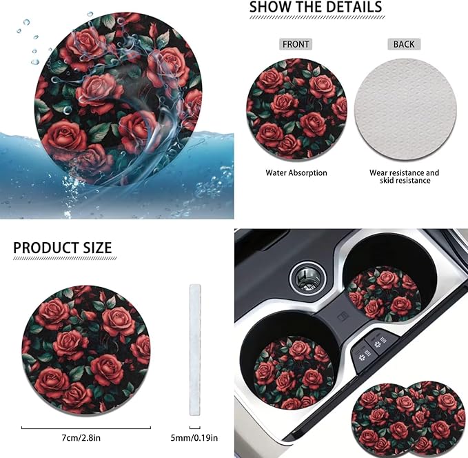 Rose Flower Print Car Steering Wheel Cover for Women 6pcs Car Interior Decor Set Handbrake Cover Cup Coaster Universal Fit Auto,Suvs,Truck