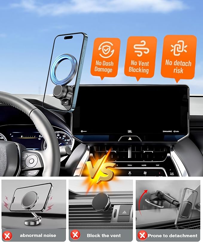 Magnetic Car Phone Mount for 2021 2022 2023 2024 Toyota Venza Accessories, for MagSafe Strong Magnets Cell Phone Holder 12.3-Inch Screen Cradles, with Portable Phone Gripper 360° Rotation