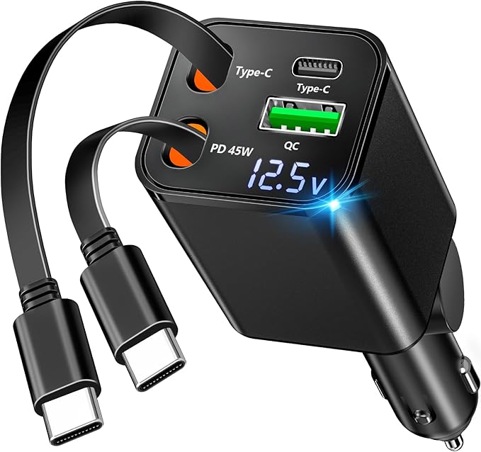 [Apple MFi Certified] Retractable Car Charger USB C, Braveridge 120W USB C Car Charger 4 in 1 PD/QC Type C Fast Charge Cigarette Lighter Adapter for iPhone 17/17 Pro Max/16 Pro/15/Galaxy S26/S25/Pixel