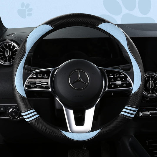 Car Steering Wheel Covers for Women Padded Carbon Fiber PU Leather Cute Auto Interior Accessories for Vehicle, Sedan, Universal, Anti Slip, Blue, Standard Size 14.5-15"(37-38cm)
