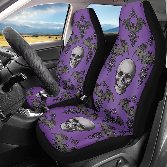 Halloween Skull Bat Car Seat Cover, Non-Slip Auto Front Seat Covers Automobile Seats Protectors Car Accessories for Vehicle, Cars, Sedan, Truck, SUV, Van