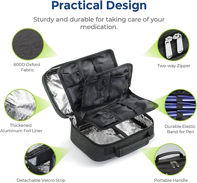 AUVON Insulin Cooler Travel Case with 4 × 160g Ice Packs for Longer Cooling Effect, TSA-Approved Medication Cooler Bag for 8 Insulin Pens & Diabetic Supplies, Portable Handle for Diabetic Travelers