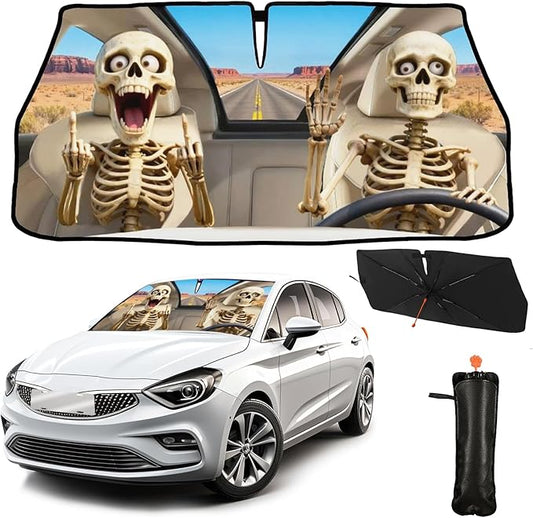 CHILL·TEK Funny Animal Car Windshield Sun Shade Umbrella, Funny Skull Car Sun Shade Umbrella, Block UV Rays Heat Foldable Windshield Umbrella Sun Visor Protector - Keep Vehicle Cool for Cars SUV