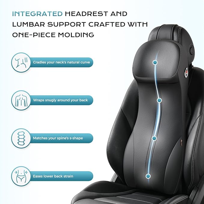 Coverado Lumbar Support and Headrest Pillow for Car, Integrated Design Ergonomic Memory Foam Head Neck Support Pillow for Driving Seat, Soft Leather Breathable Back Support, Back Pain Relief, Black