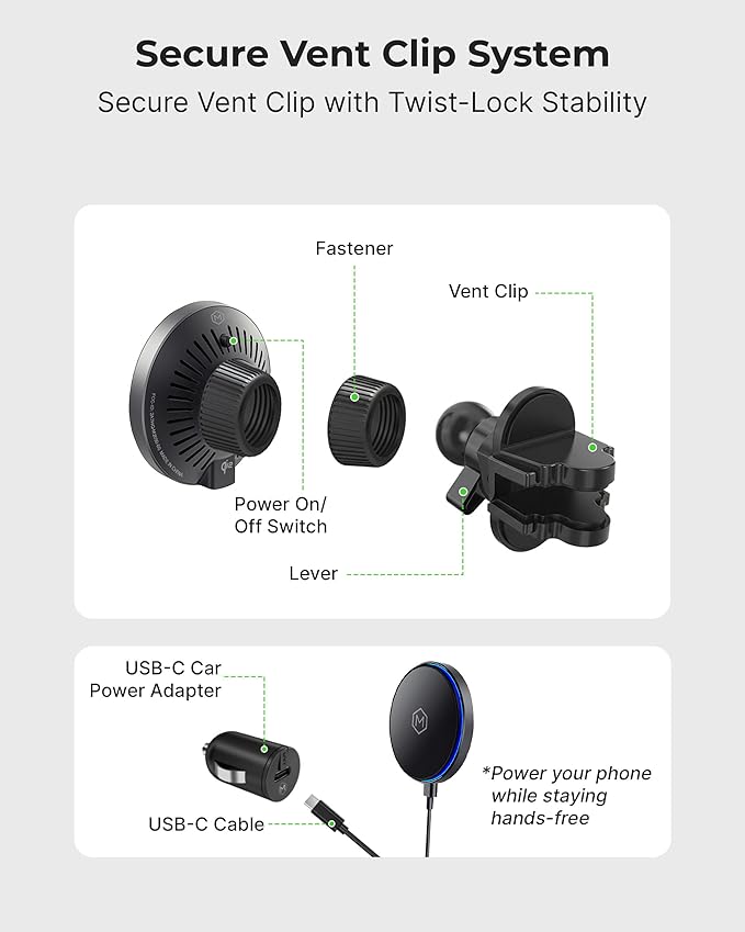 Mag Switch Qi2 Mag Safe Wireless Car Charger Air Vent Mount, 15W Fast Charger with a built in on/off switch for charging, Strong N52 Magnets, Compatible with iPhone 14/15/16/17 Iphone Air