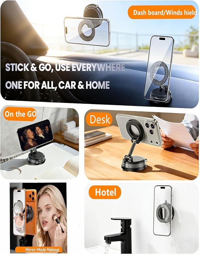 Magnetic Car Phone Holder, 360°Adjustable Vacuum Dashboard and Windshield Mount Magsafe Cell Phone Holders for Your Car, Carbon Fiber 108+LBS Nano Gel Suction Cup, iPhone, Samsung (Orange)