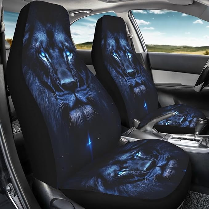 Cool Lion Print Car Front Seat Cover Set of 2, Auto Bucket Seats Protector Universal Car Accessories Interior Decor for Women Men