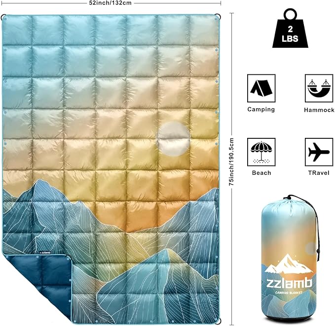 zzlamb Camping Blanket for Cold Weather,Outdoor Puffy Blanket Portable Down Alternative,Windproof Warm Cloak with Snaps,Cozy Quilt Backpacking Picnic RV Travel Plane Car Hammock Beach Climbing