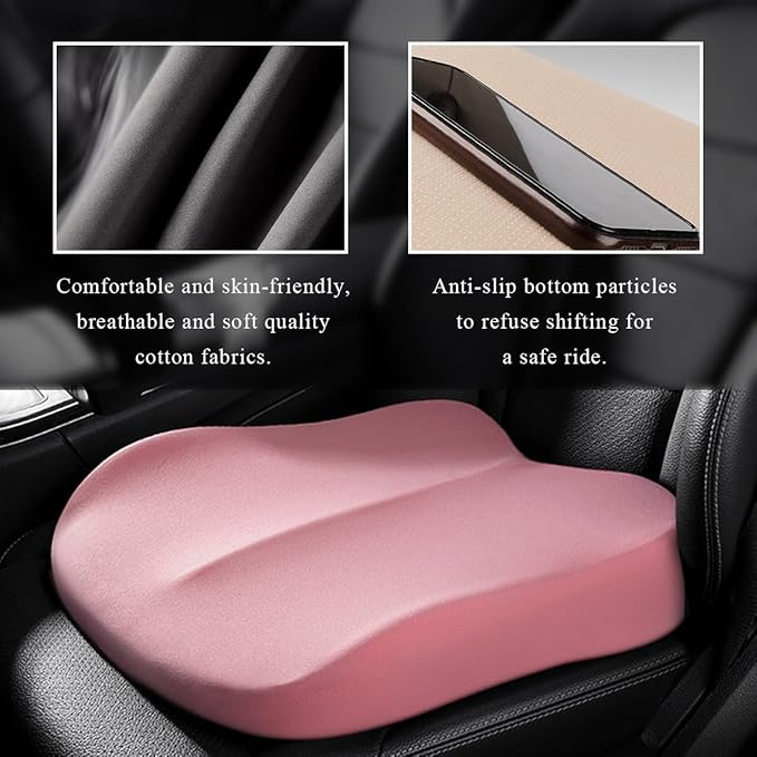 Car Seat Cushion, Comfort Memory Foam Car Cushion, Non-Slip Auto Booster Seat Cushion for Improve Driving Vision, Suitable for Vehicles Trucks SUVs Car Accessories (Pink)