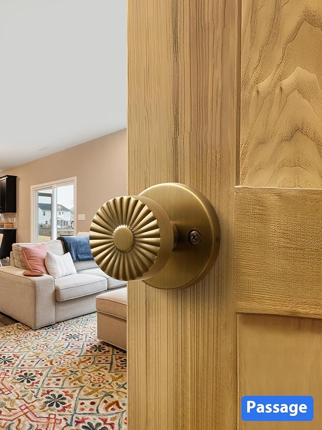 Passage Door Knob Antique Brass Retro Door Knob, Interior Hall Closet Vintage Door Handle Kitchen Pantry Laundry Room Brushed Doorknob, Stainless Steel Knob, 1 Pack