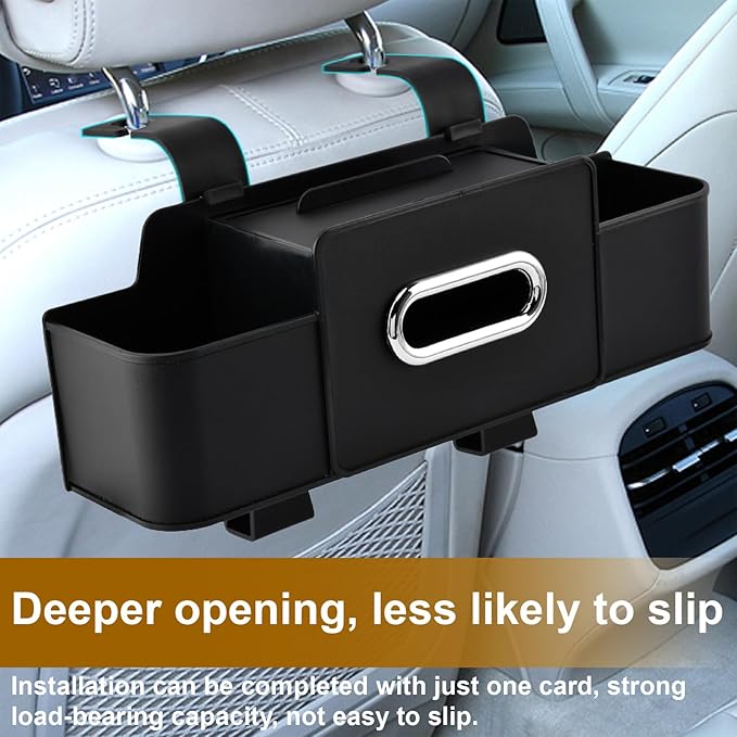 4-in-1 Back Seat Car Organizer with Extra Large Capacity, 2 Cup Holders, Tissue Box Dispenser & Storage Hook for Phone, Snacks, Toys(Black)
