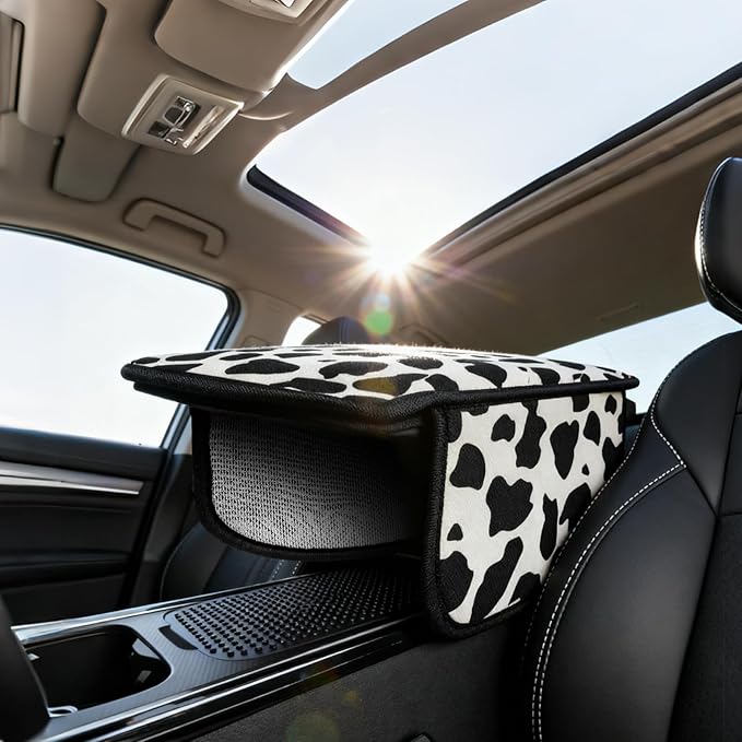 Cow Print Armrest Cover with 2 Side Pockets & Storage Bags, Cute Cow Car Decor,Center Console Cover Pad Organizer, Cow Pattern Cushion Mat,Interior Accessories for Most Vehicles (Black)