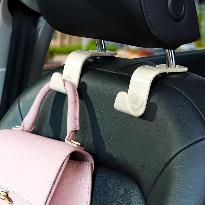 Soleebee 4 Pack Car Headrest Hook Universal Car Seat Hook Auto Hook Car Back Seat Hangers Storage Organizer (White)