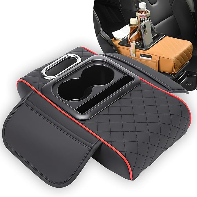 Multifunctional PU Leather Car Armrest Box Mat, 5-in-1 Multifunctional Car Armrest Cushion, Center Console Cover with 2 Cup Holder, For Storing Tissues,Phones,Wallets,Drinks,for Most Cars (Black-A)