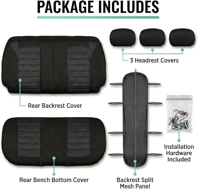 FH Group Automotive Car Seat Covers Rear Set Premium 3D Air Mesh Seat Covers, Airbag Compatible and Split Bench Cover Universal Fit Interior Accessories for Cars Trucks and SUVs - Black