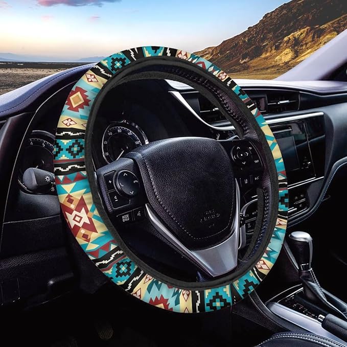 SEANATIVE Universal 15 inch Auto Car Steering Wheel Cover Aztec Turquoise Print Neoprene Car Steering Wheel Protector Cover fit Most Van Truck SUV