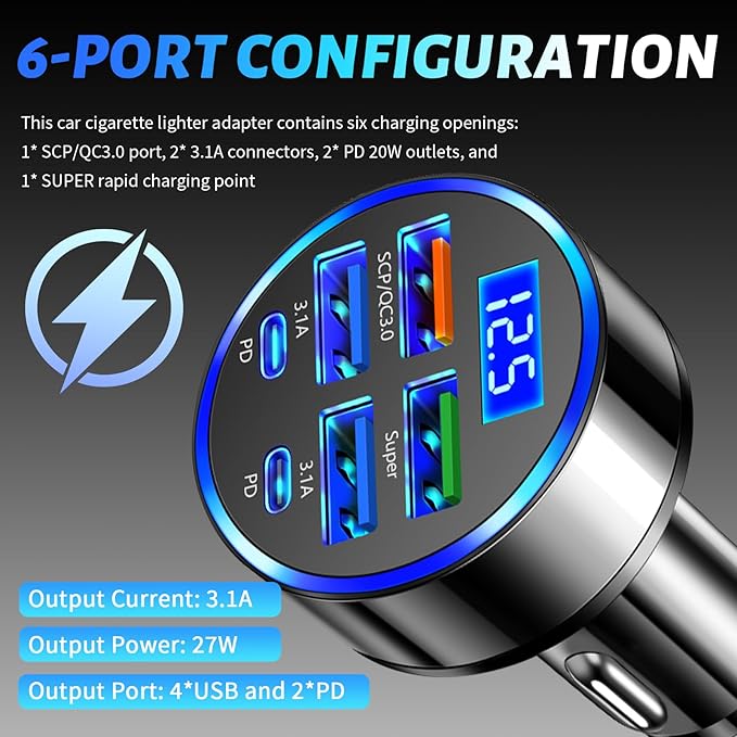 6 in 1 Cigarette Lighter USB Charger,PD+QC3.0 Car Charger USB C Fast Charge with Voltage Display,Multi Port Super Fast Cars Chargers Adapter Car Accessories for 12V/24V Vehicles