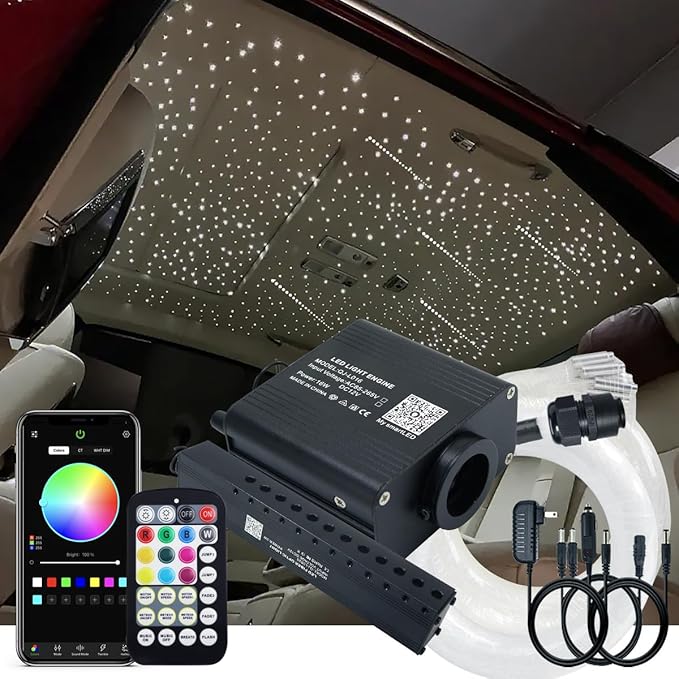 AKEPO Small Size 16W Twinkle Meteor APP Fiber Optic Light Kits, Shooting Star+RGBW Music Activated 550pcs 0.03in/0.75mm 9.8ft/3m Optical Fiber Star Ceiling Light Kit for Car Starlight Headliner/Home