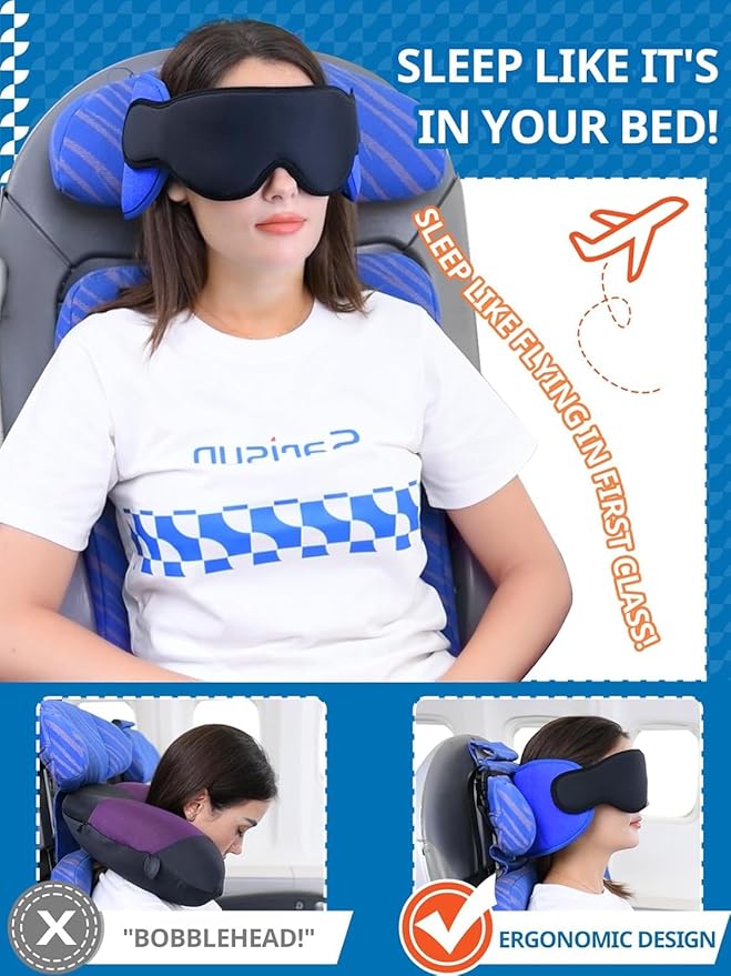 Travel Pillows for Airplanes, Airplane Pillow with Brown-Red Sleep Eye Mask, 360° Neck Support Headrest, Portable Airplane Travel Essentials, Adjustable Airplane Head Strap, Stop Bobblehead
