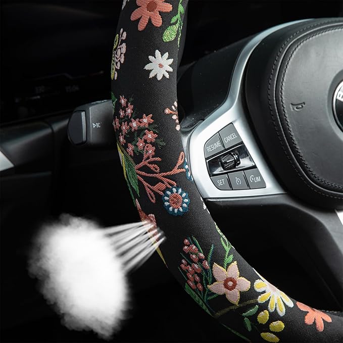 Black Cat Flower Steering Wheel Cover Auto Jacquard Steering Wheel Protector, Anti-Slip, Breathable, Absorbing Sweat, Universal Cat Car Accessories 14.5–15 inch,Fit for Most Car, Trucks, SUV